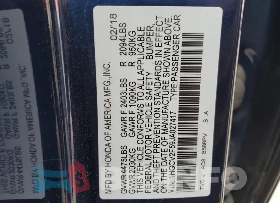 1HGCV2F59JA027417 Photo# 12