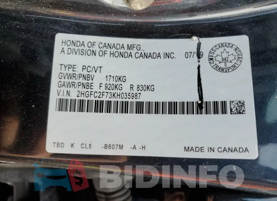 2HGFC2F73KH035987 Photo# 13