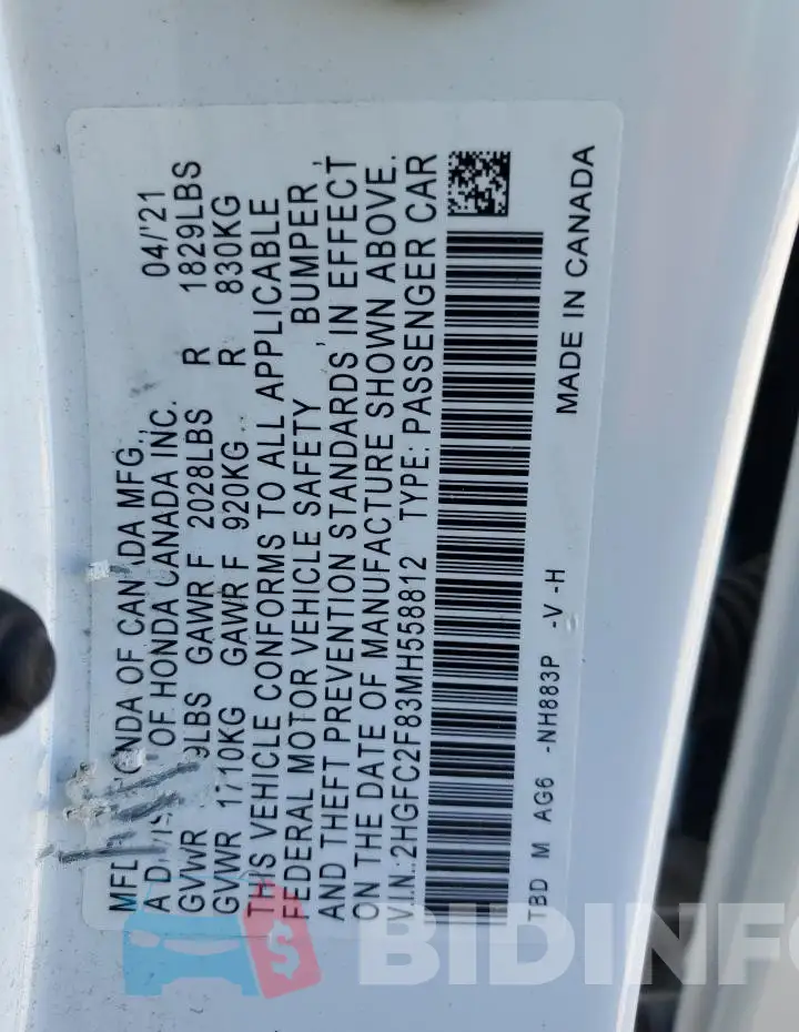 2HGFC2F83MH558812 Photo# 12