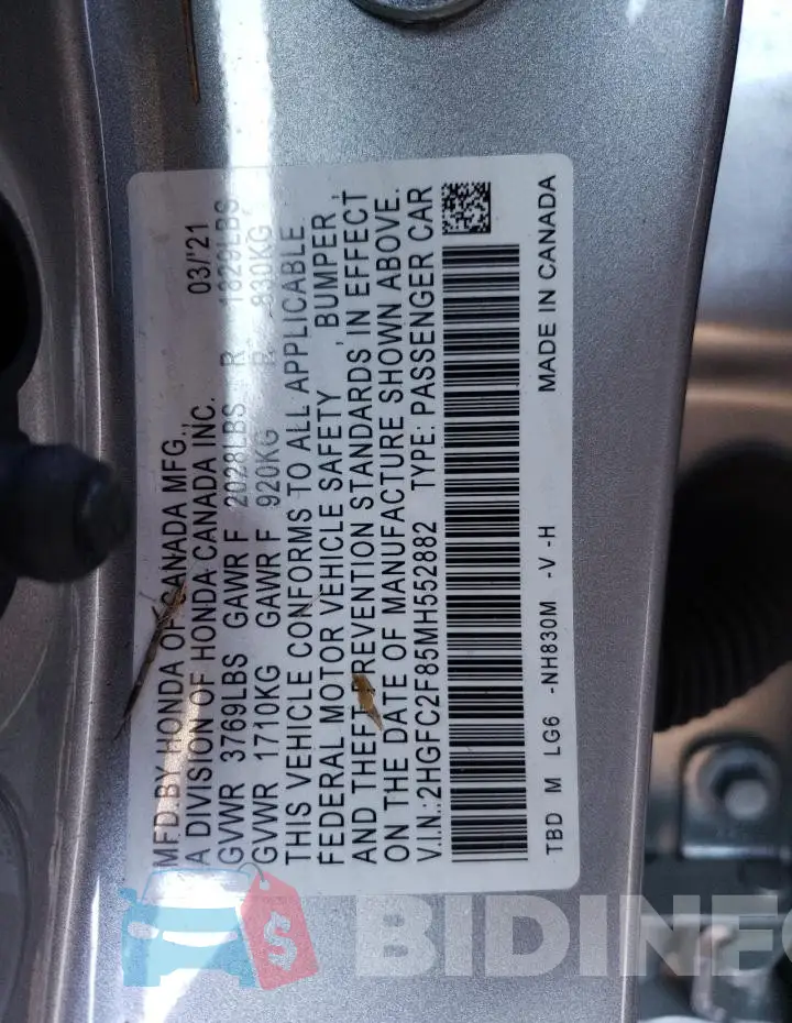 2HGFC2F85MH552882 Photo# 12