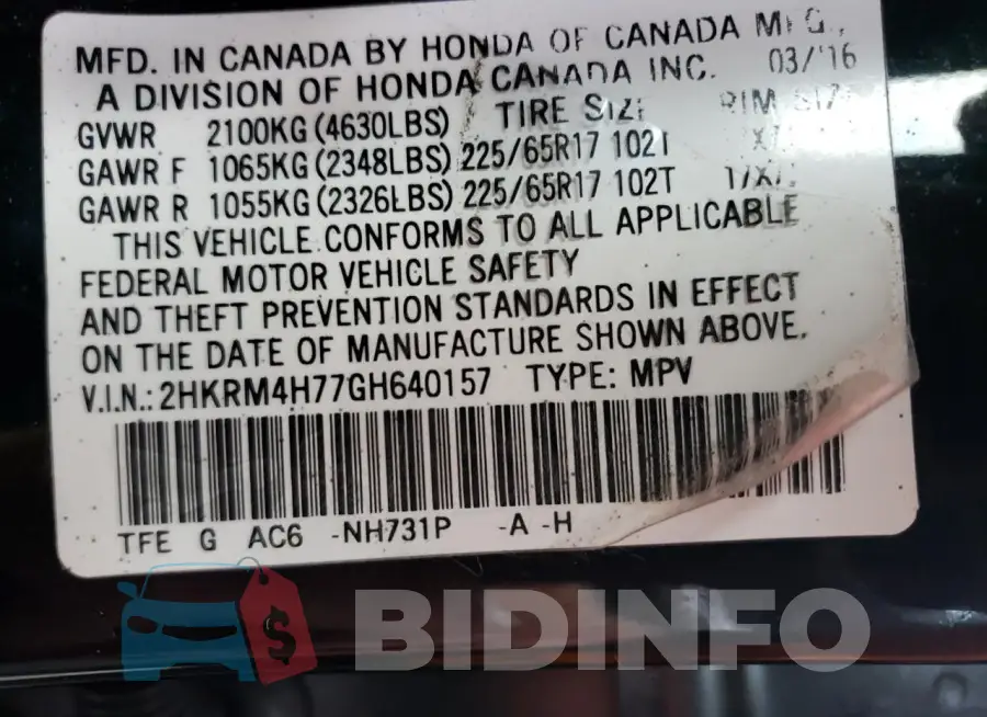 2HKRM4H77GH640157 Photo# 12