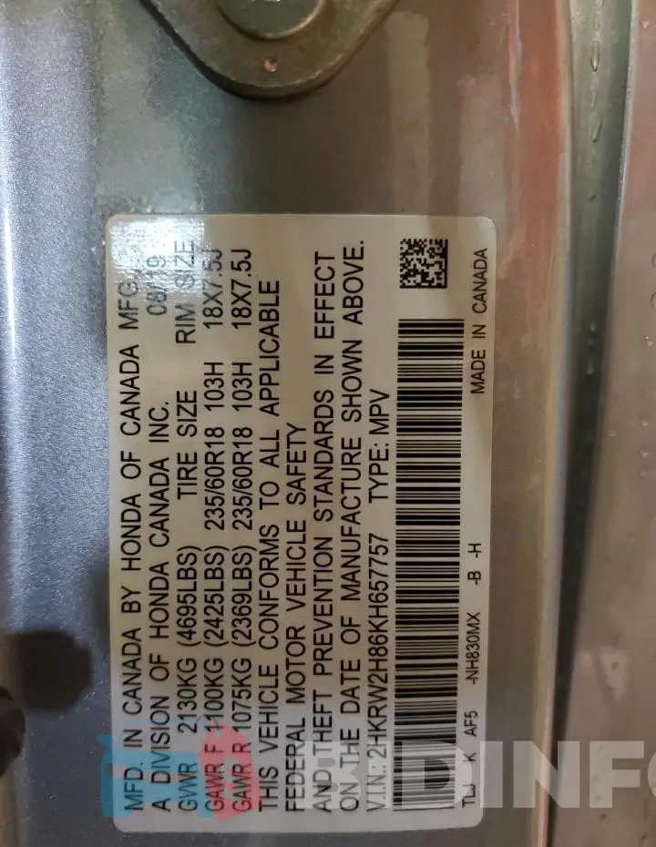2HKRW2H86KH657757 Photo# 14