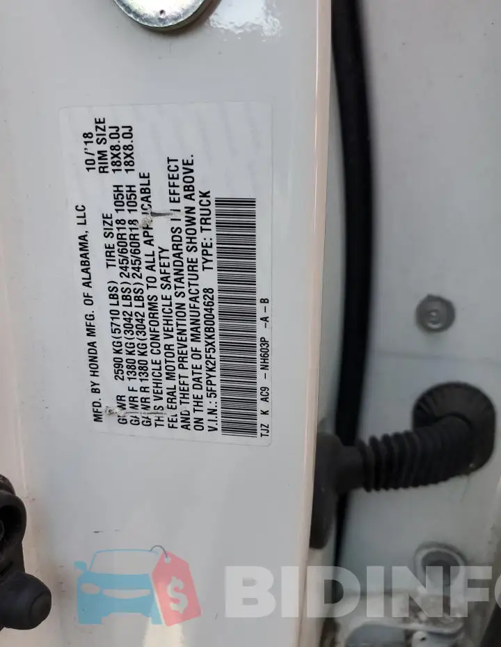 5FPYK2F5XKB004628 Photo# 13