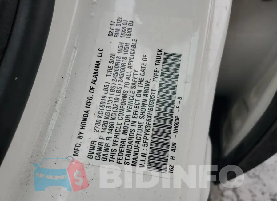 5FPYK3F6XHB030511 Photo# 12