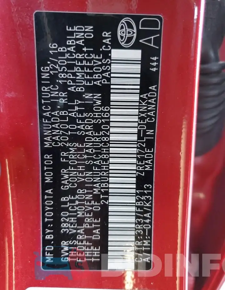 2T1BURHE8HC820166 Photo# 12