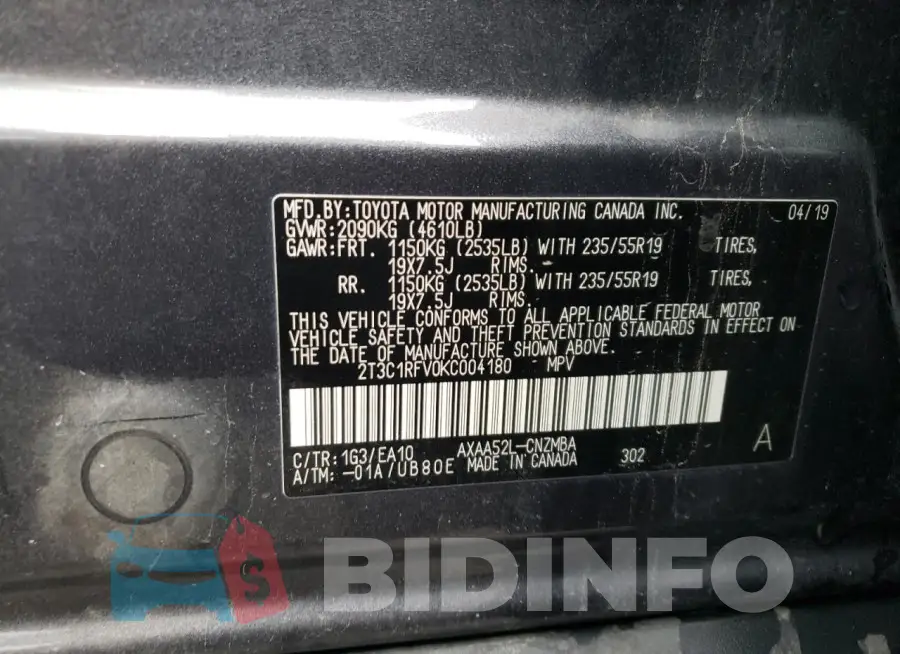 2T3C1RFV0KC004180 Photo# 13