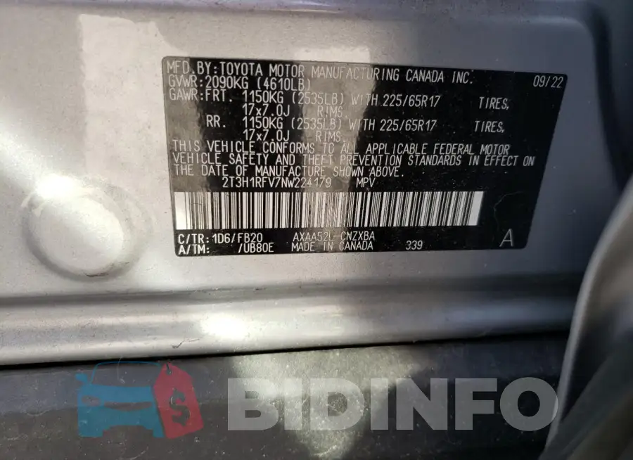 2T3H1RFV7NW224179 Photo# 13