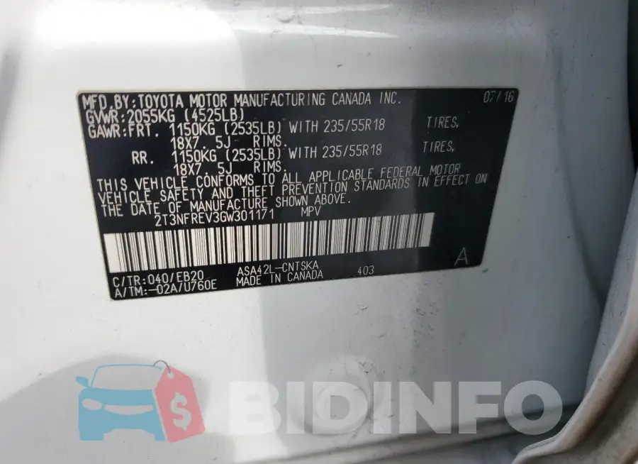2T3NFREV3GW301171 Photo# 12