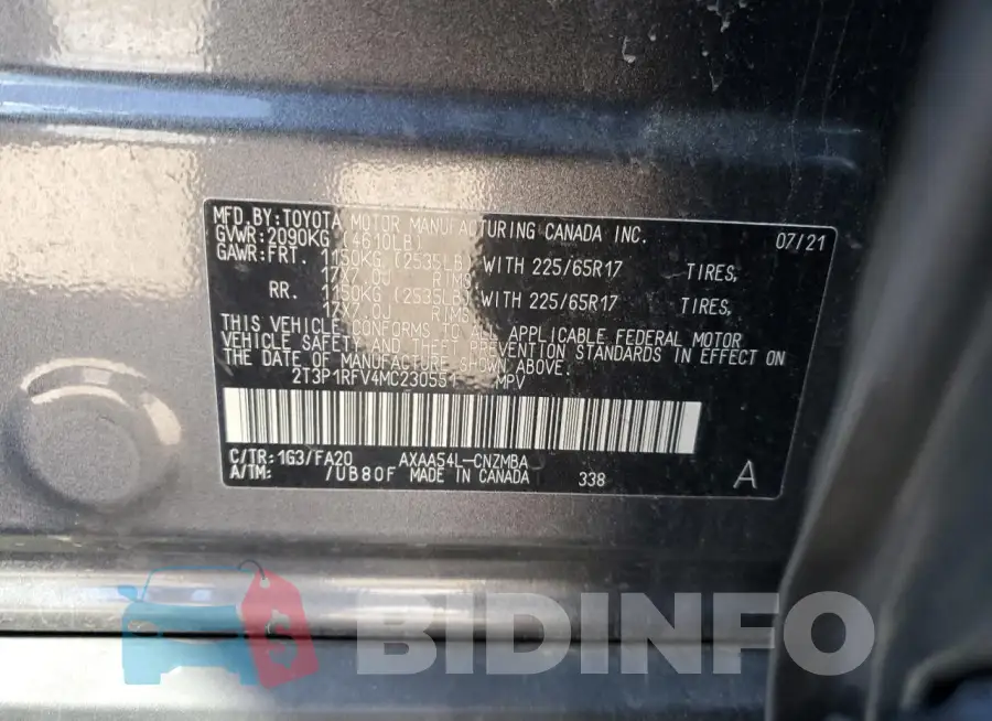 2T3P1RFV4MC230551 Photo# 13