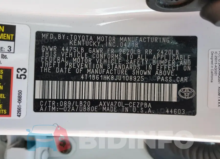 4T1B61HK8JU108925 Photo# 13