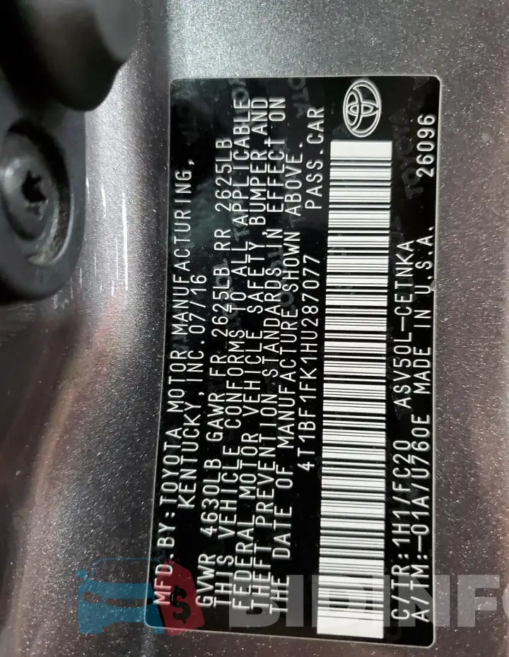4T1BF1FK1HU287077 Photo# 12