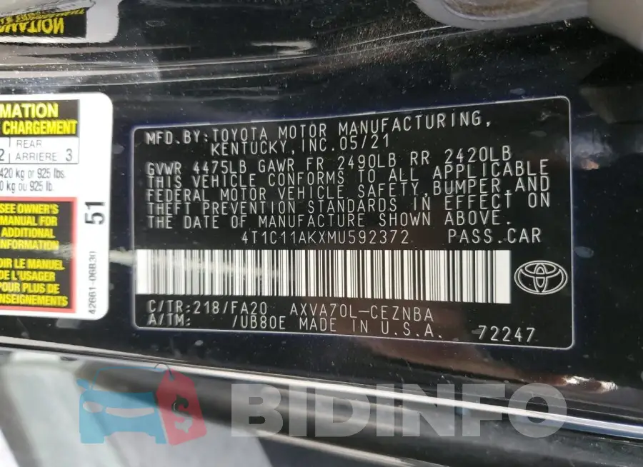 4T1C11AKXMU592372 Photo# 13