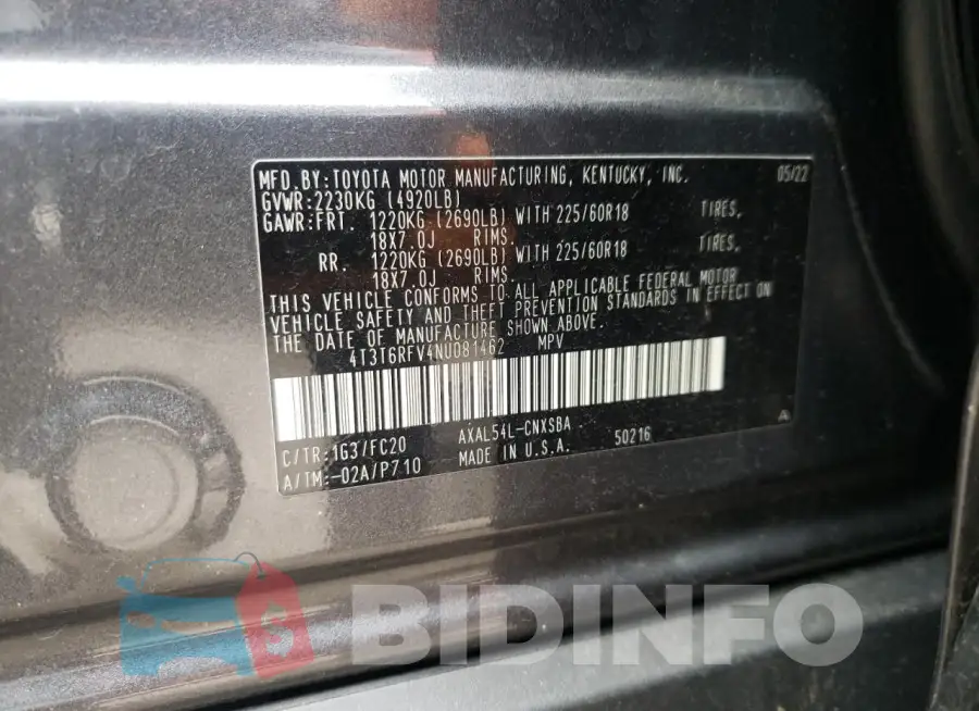 4T3T6RFV4NU081462 Photo# 13