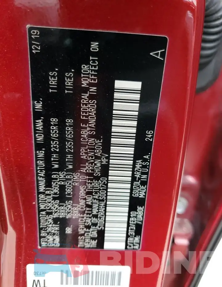 5TDGZRAH4LS001750 Photo# 14