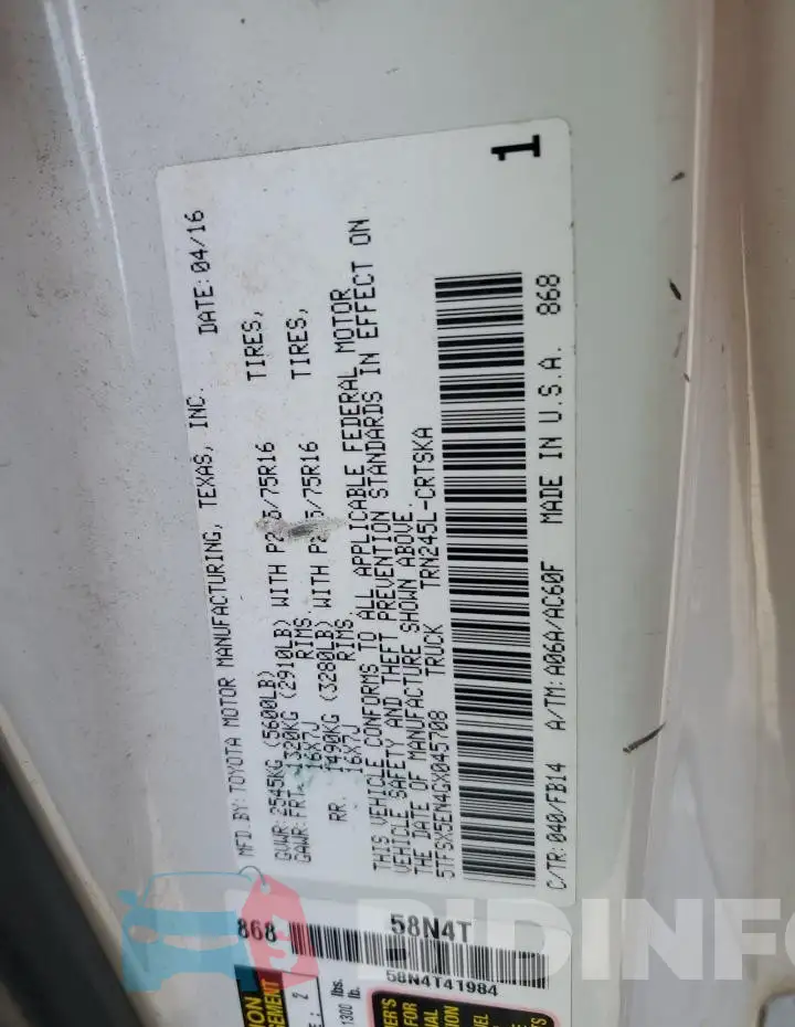 5TFSX5EN4GX045708 Photo# 12