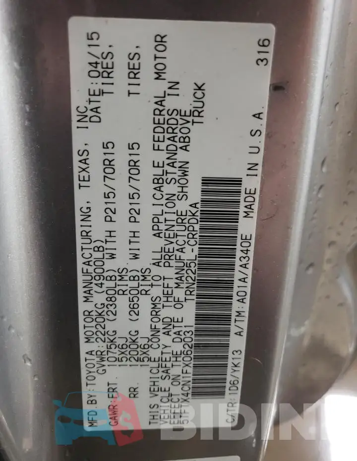 5TFTX4CN1FX062031 Photo# 12