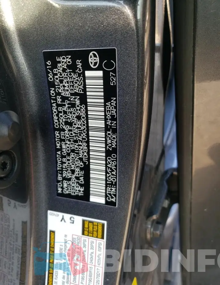JTDKBRFU9G3020886 Photo# 12