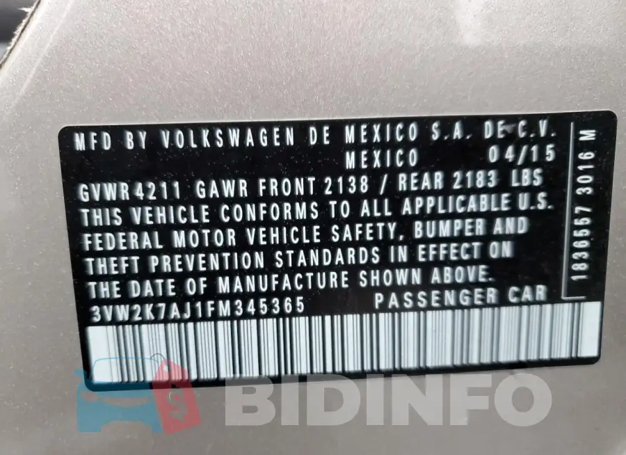 3VW2K7AJ1FM345365 Photo# 12
