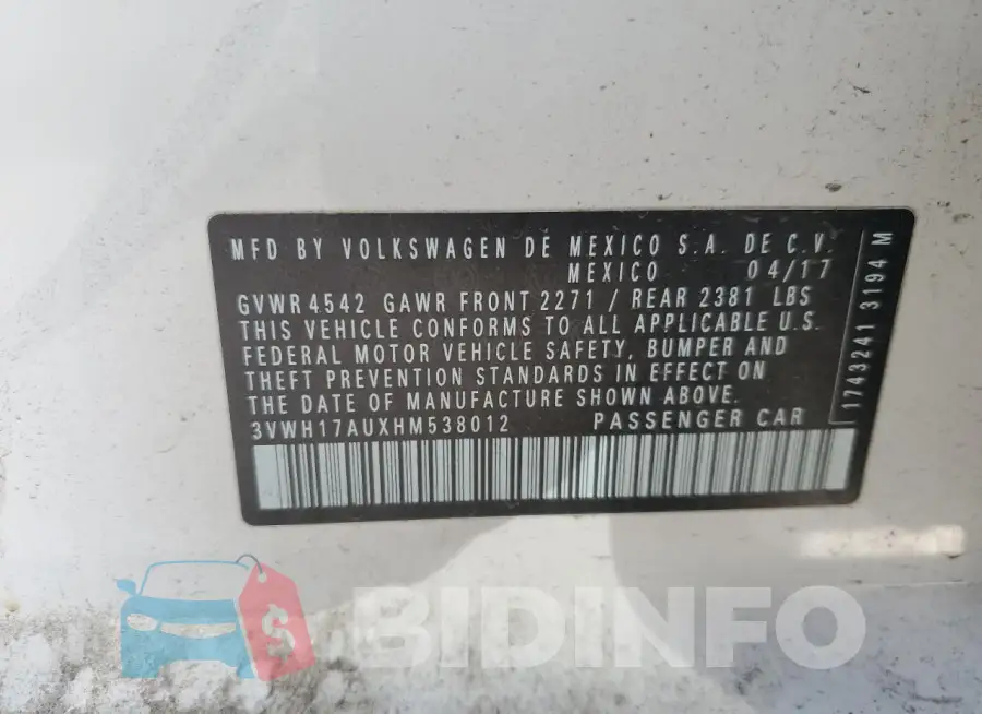 3VWH17AUXHM538012 Photo# 12