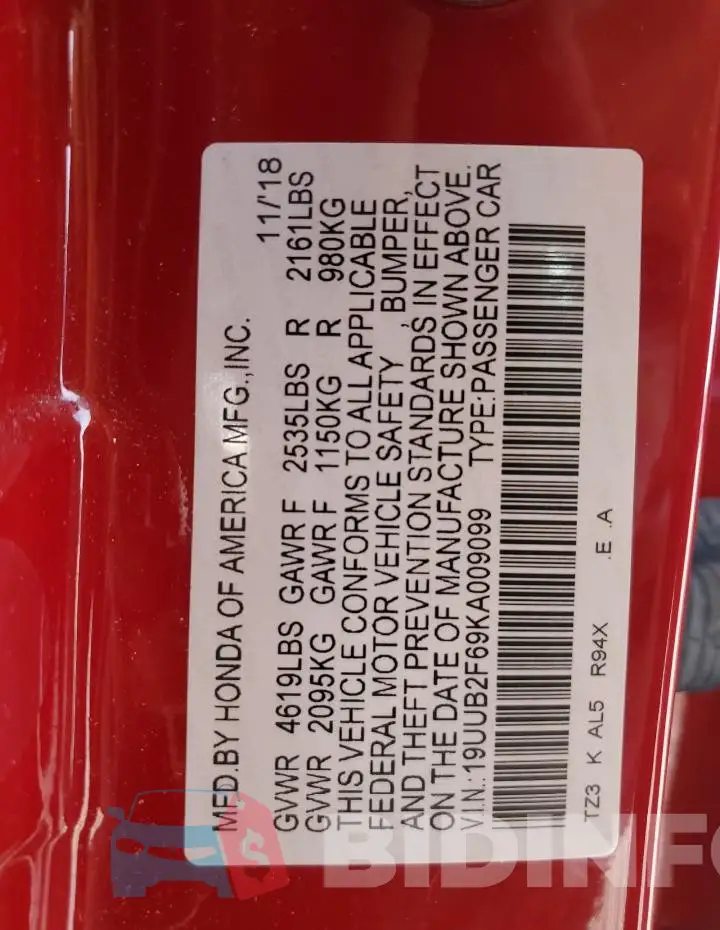 19UUB2F69KA009099 Photo# 12