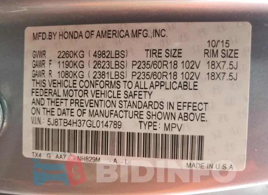 5J8TB4H37GL014789 Photo# 13