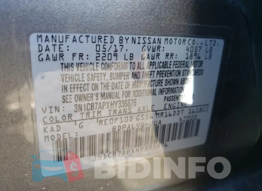 3N1CB7APXHY338876 Photo# 12