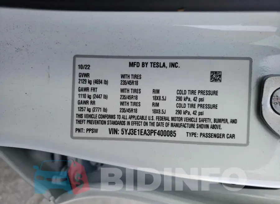 5YJ3E1EA3PF400085 Photo# 12