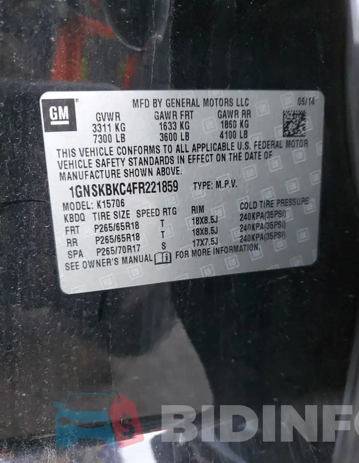 1GNSKBKC4FR221859 Photo# 12