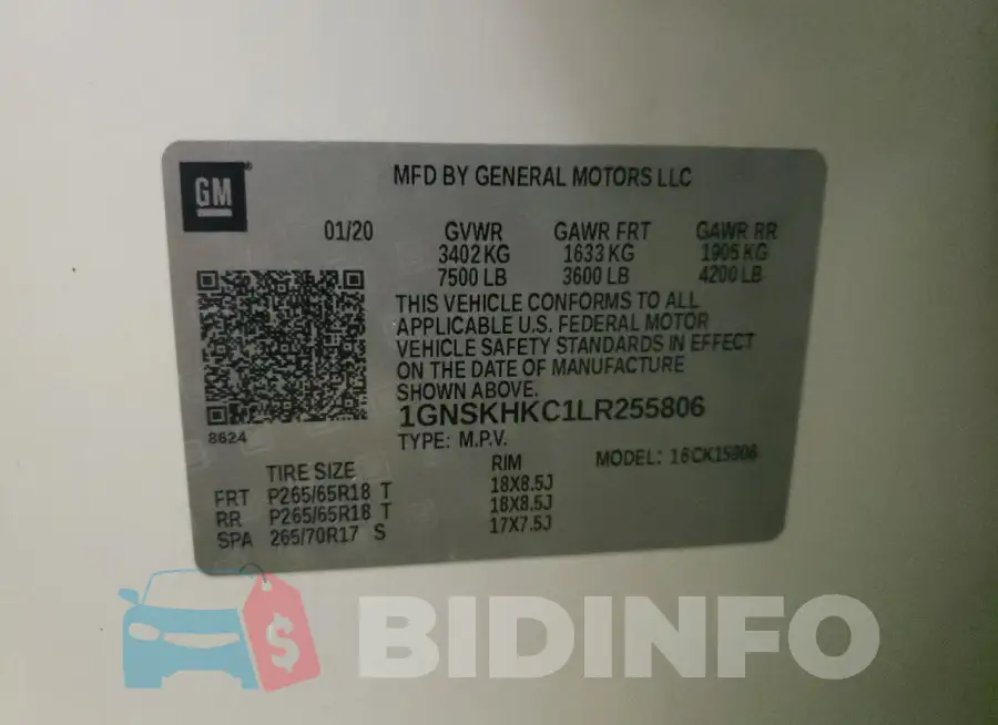 1GNSKHKC1LR255806 Photo# 14