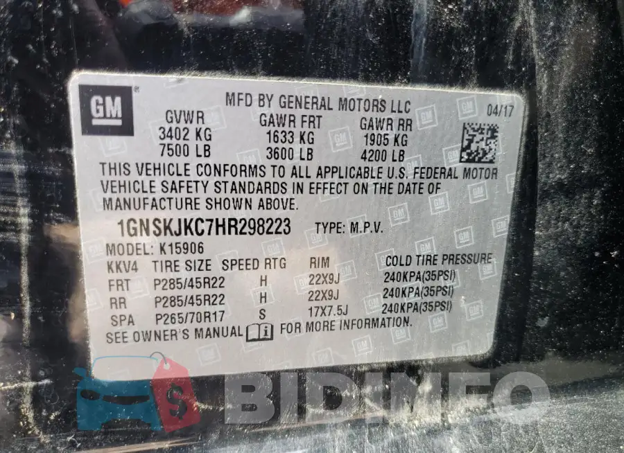 1GNSKJKC7HR298223 Photo# 13