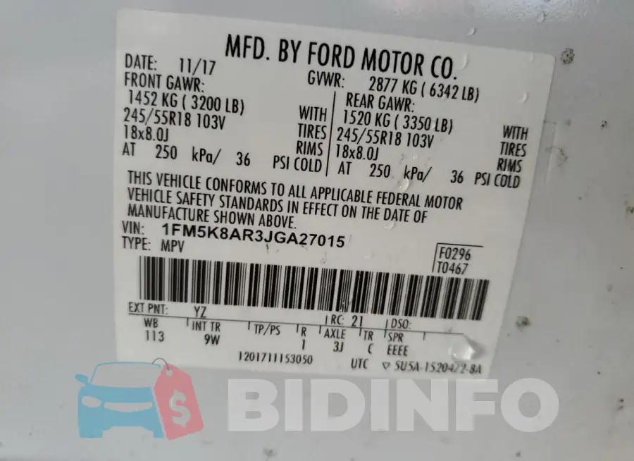 1FM5K8AR3JGA27015 Photo# 14