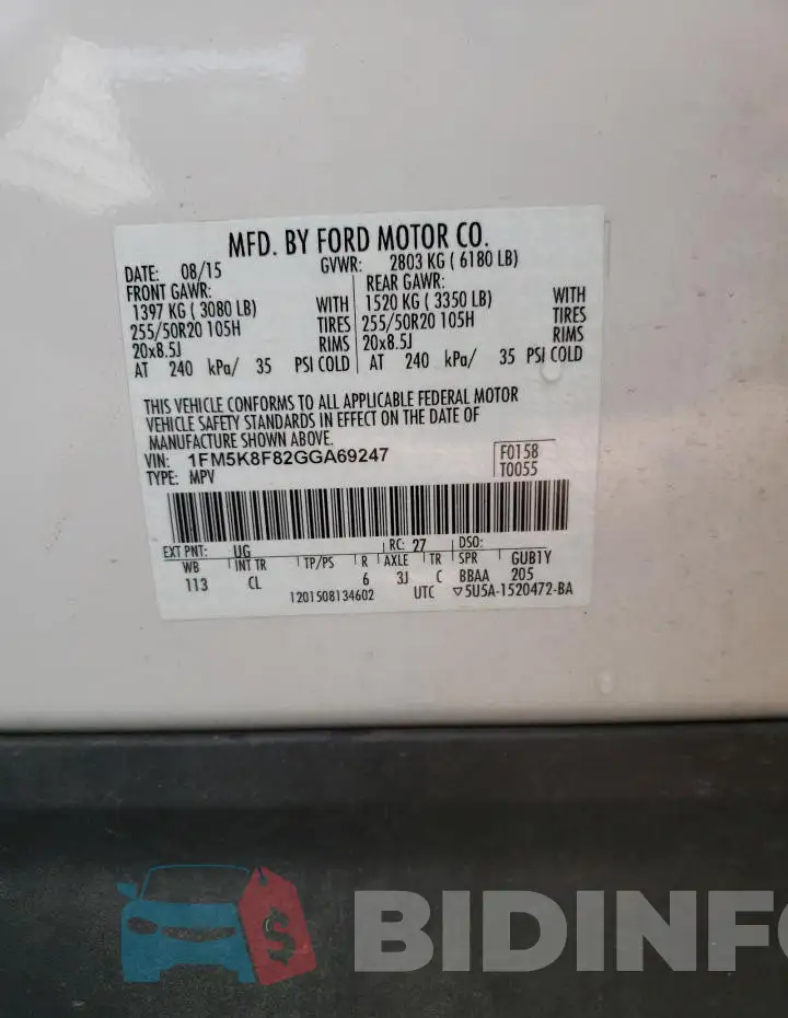 1FM5K8F82GGA69247 Photo# 14