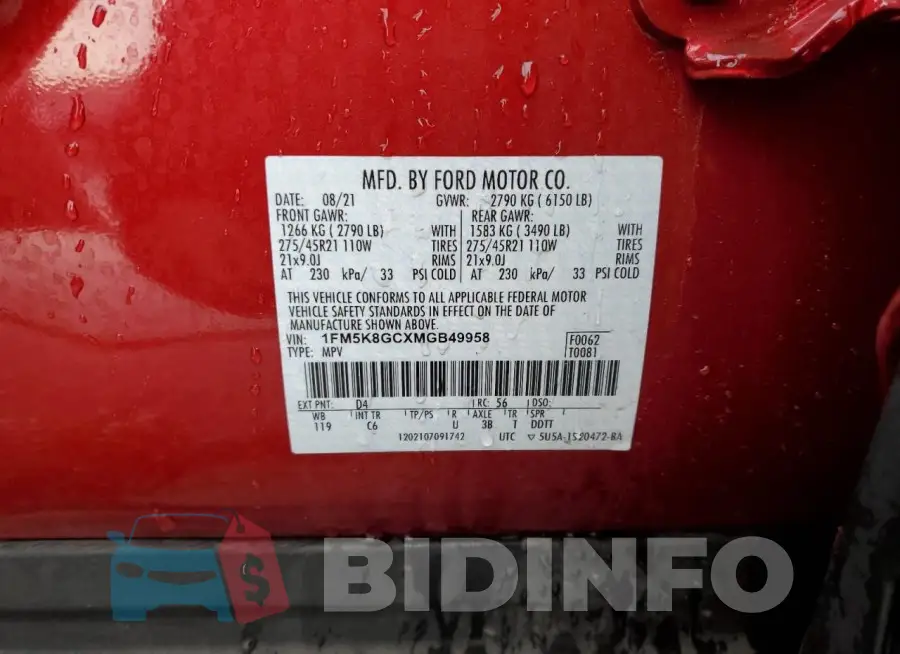 1FM5K8GCXMGB49958 Photo# 13
