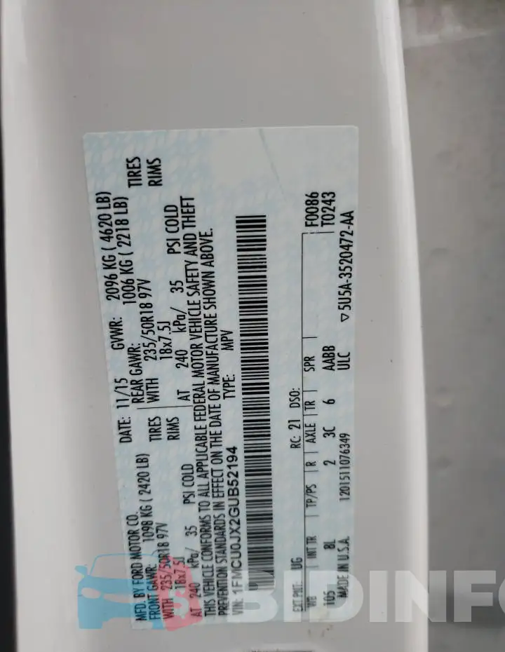 1FMCU0JX2GUB52194 Photo# 14