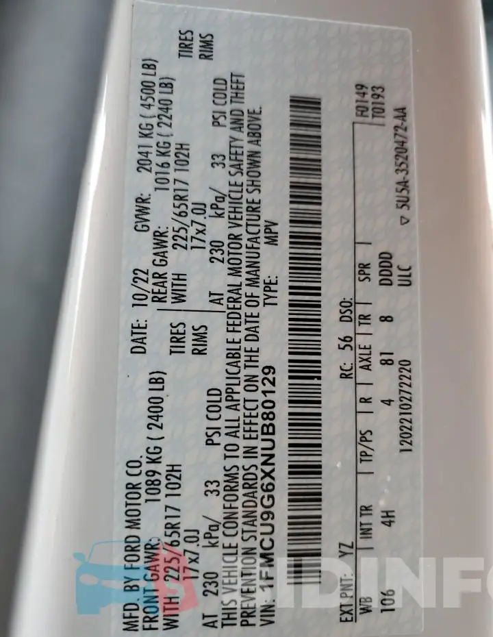 1FMCU9G6XNUB80129 Photo# 13