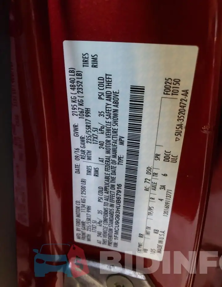 1FMCU9G93HUB67916 Photo# 12