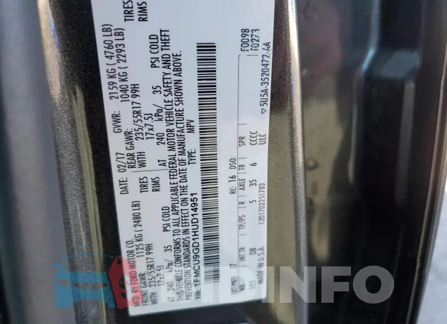 1FMCU9GD1HUD14951 Photo# 13