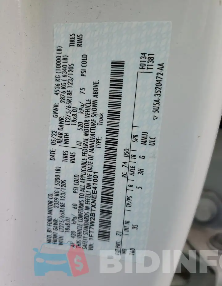 1FT7W2BTXNEE41001 Photo# 12