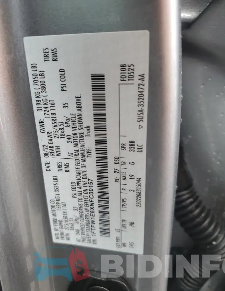 1FTFW1E8XNFC00157 Photo# 12