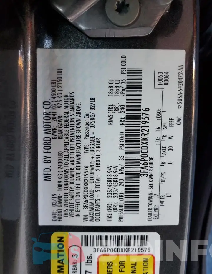 3FA6P0CDXKR219576 Photo# 12