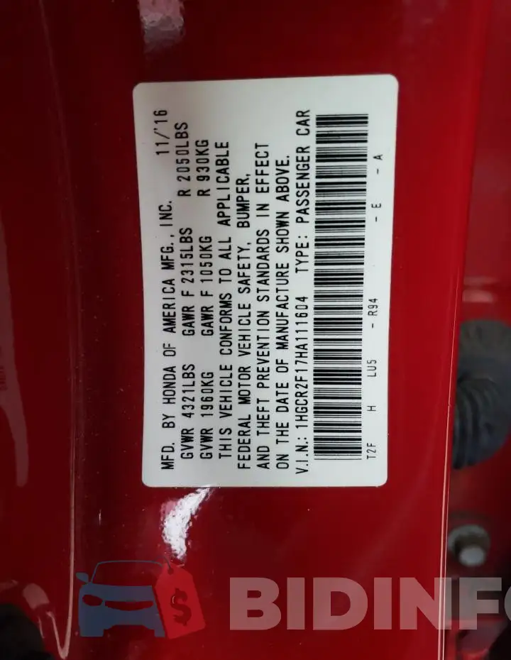 1HGCR2F17HA111604 Photo# 12