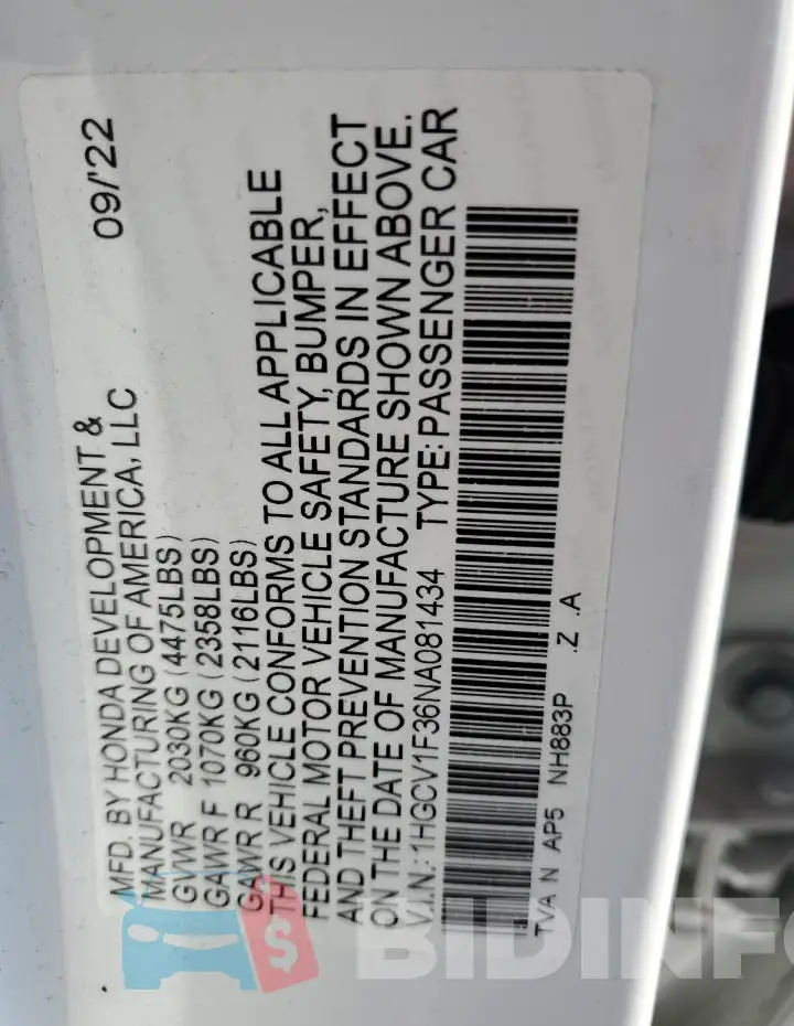 1HGCV1F36NA081434 Photo# 12