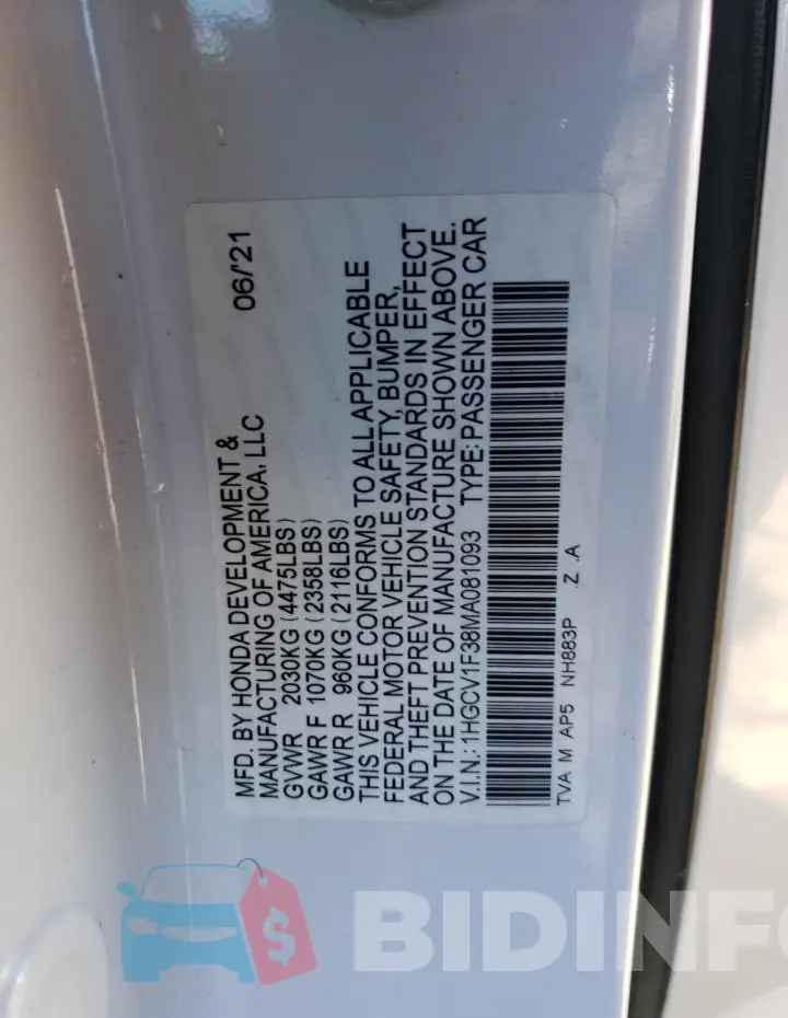 1HGCV1F38MA081093 Photo# 12