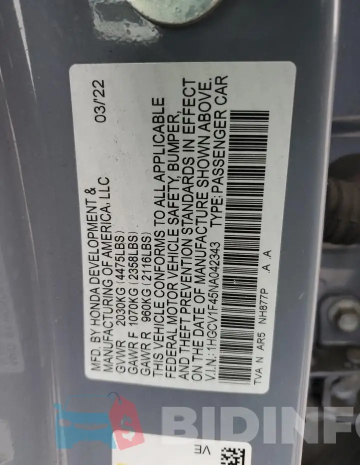 1HGCV1F45NA042343 Photo# 13