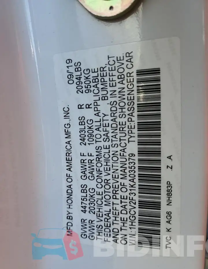 1HGCV2F31KA035379 Photo# 12