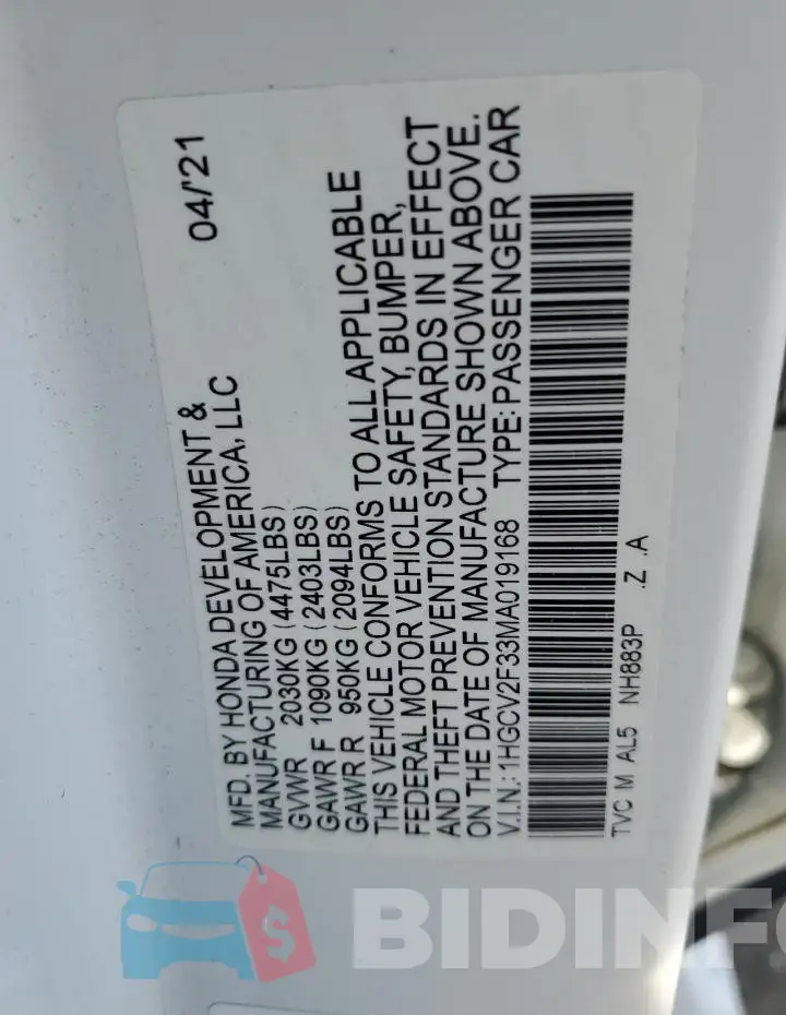 1HGCV2F33MA019168 Photo# 12