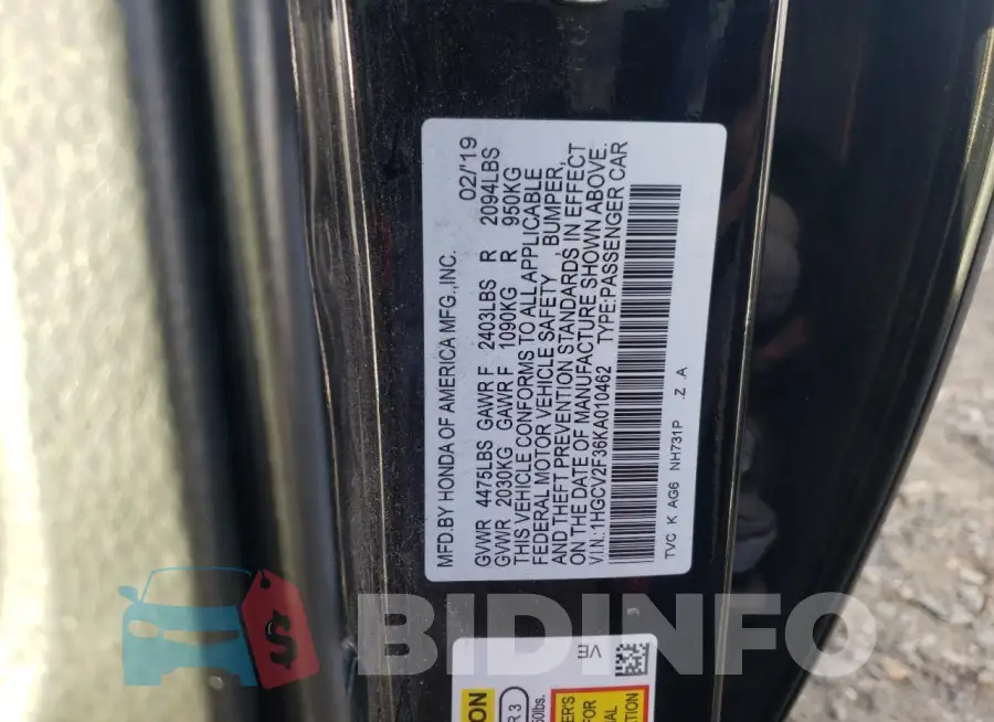 1HGCV2F36KA010462 Photo# 12
