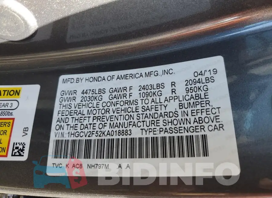 1HGCV2F52KA018883 Photo# 12