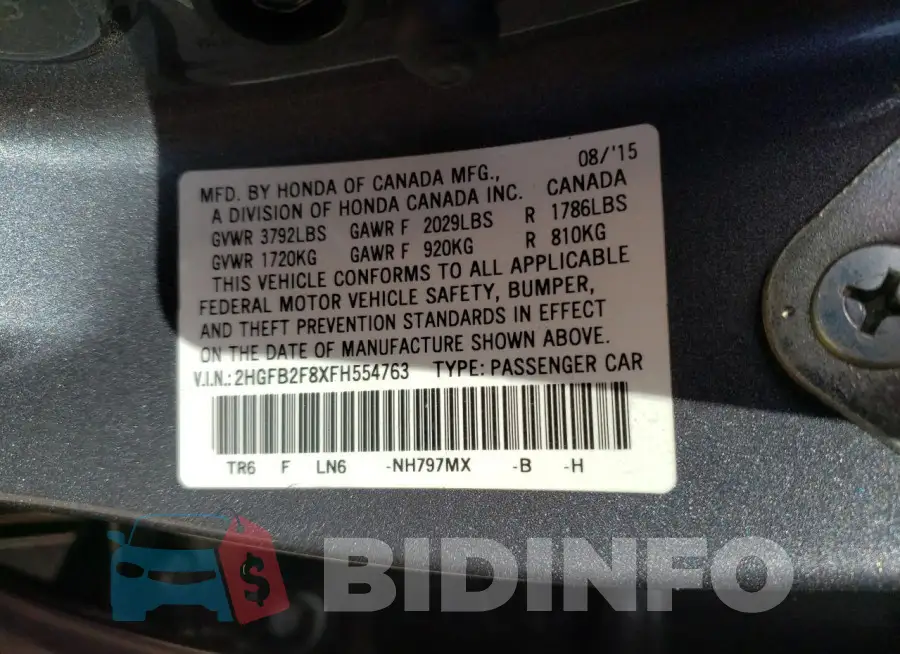2HGFB2F8XFH554763 Photo# 13