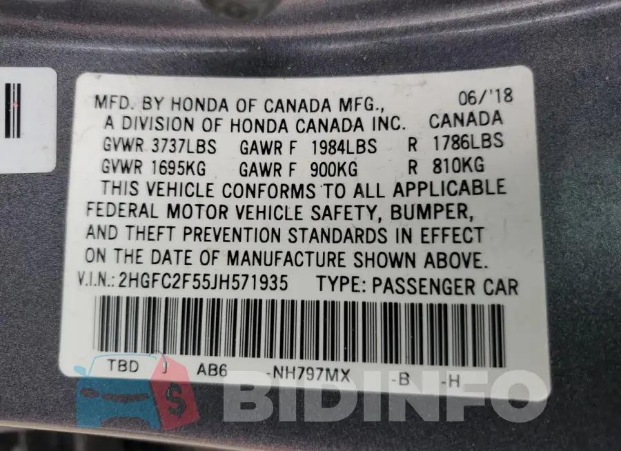 2HGFC2F55JH571935 Photo# 12